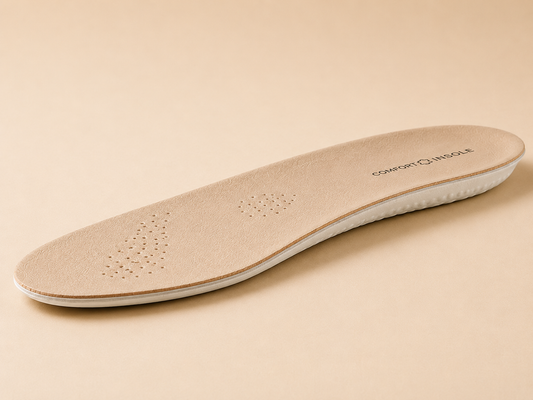 Beige LeatherLine insole from a low three-quarter angle showing its slim layered edge and white dotted latex underside