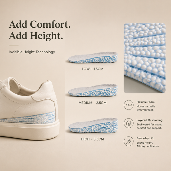 LiftStep heel lifts in three heights on a warm neutral studio background