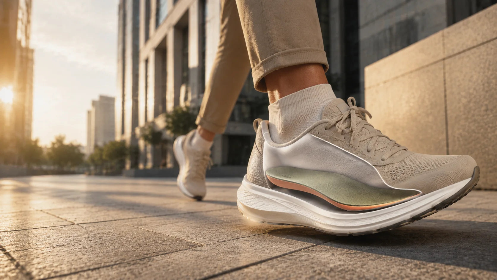 City sneaker shown in cutaway with a supportive insole visible