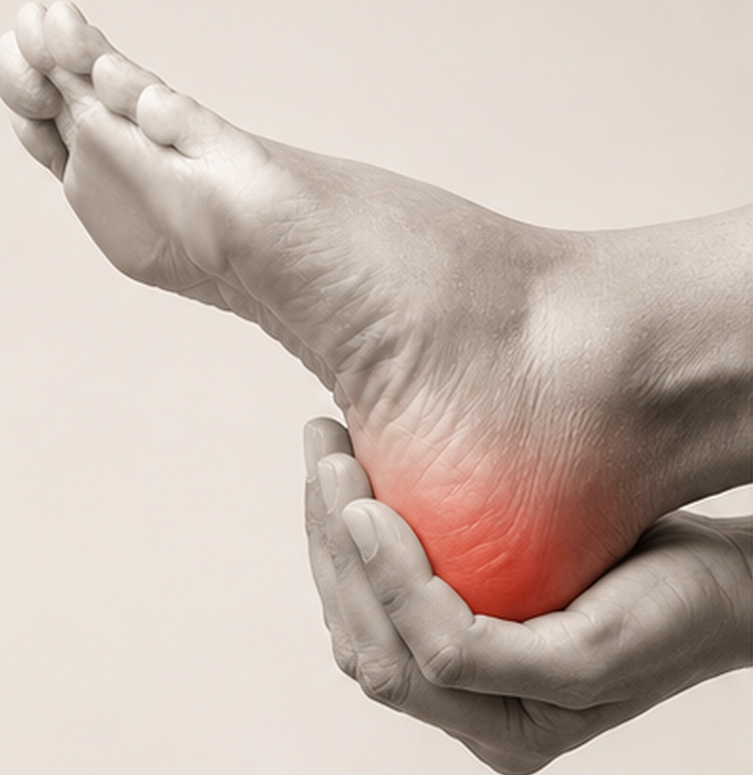 Bare foot supported by a hand with pressure highlighted around the heel