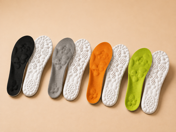 CloudStep cushioned insoles in black, gray, orange and green with white perforated undersides