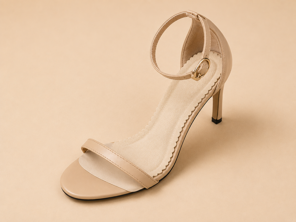 Beige HeelHold cushion pad positioned inside a women's heeled sandal, covering the forefoot and arch and ending before the heel