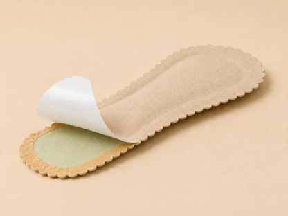 Beige HeelHold three-quarter-length self-adhesive cushion pad with the release liner partially peeled
