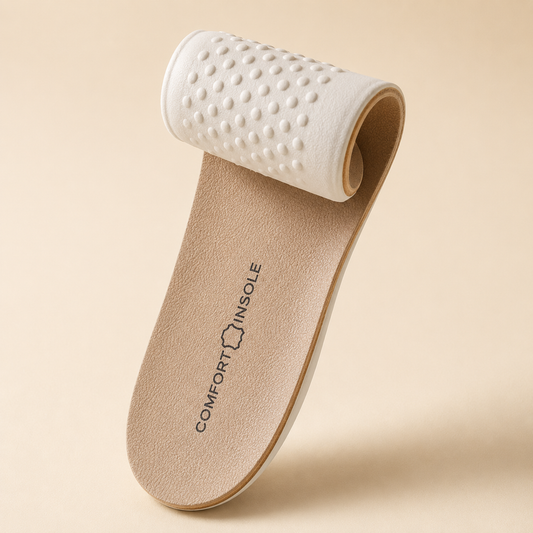 Beige LeatherLine full-length insole with cowhide leather top and white dotted latex underside