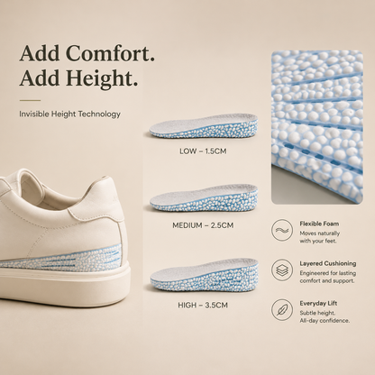 LiftStep heel lifts in three heights on a warm neutral studio background