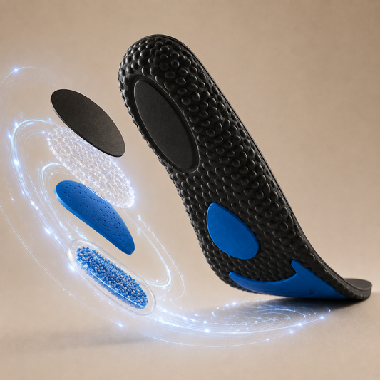 Black The Mile insole with blue cushioning zones on a warm beige background