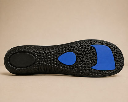Black The Mile insole showing the sculpted underside and blue cushioning zones