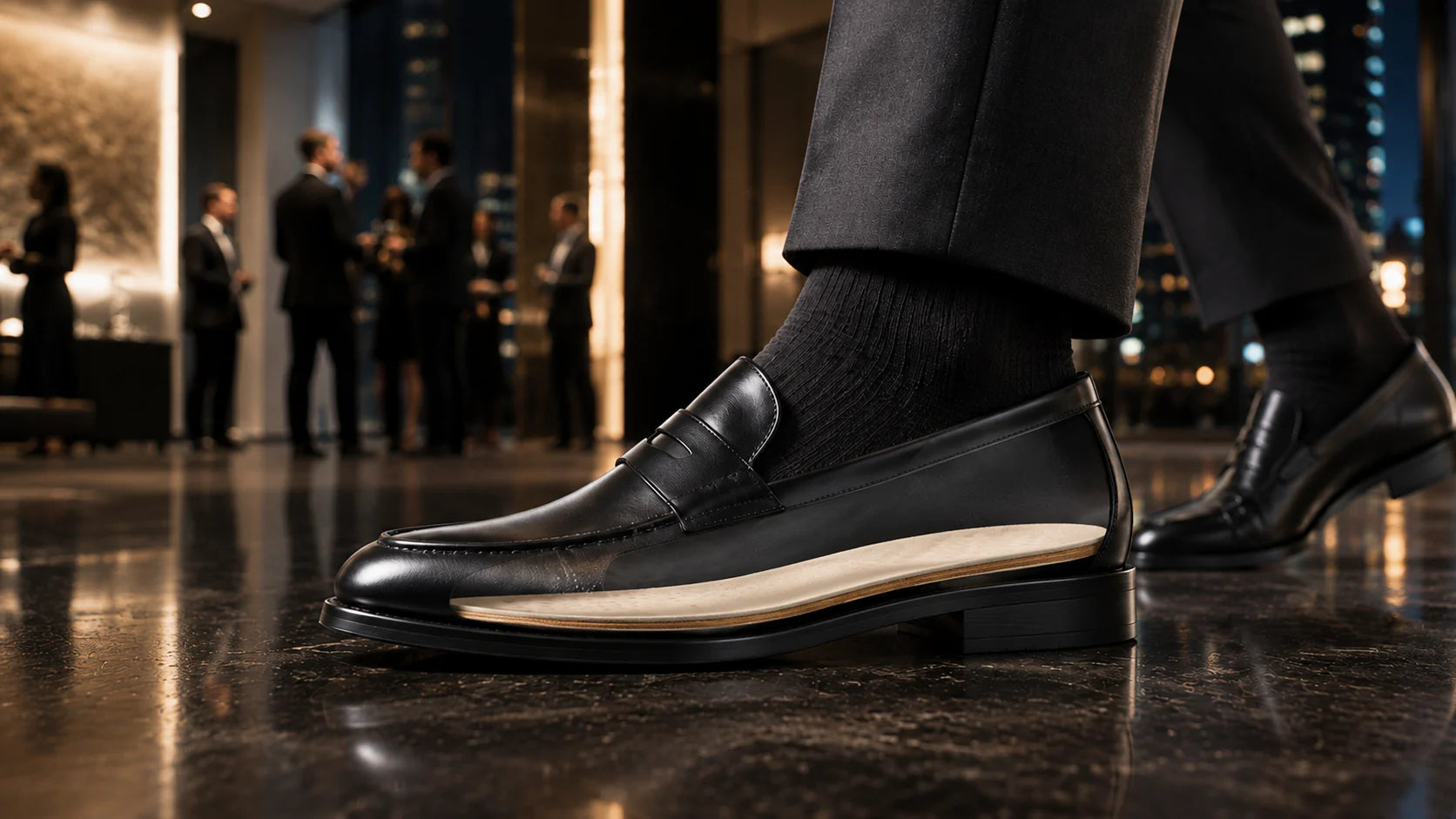 Dress shoe shown in cutaway with a slim full-length insole visible inside