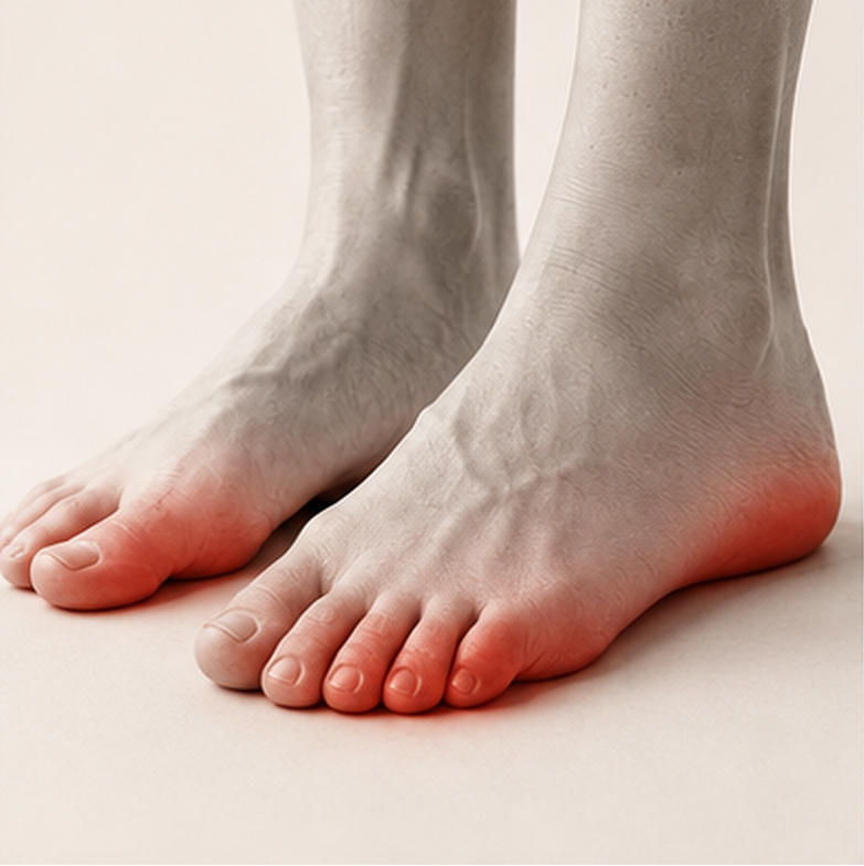 Bare feet standing under full weight with pressure highlighted at the heel and forefoot