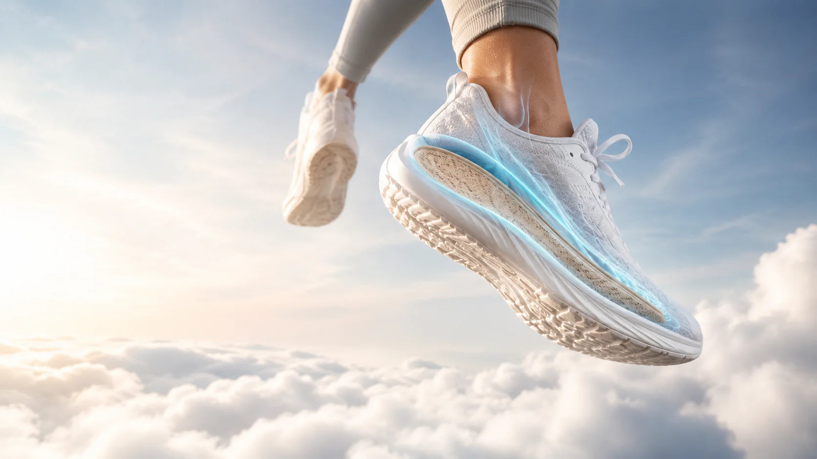 Sneakers shown in cutaway above clouds with supportive insoles visible inside