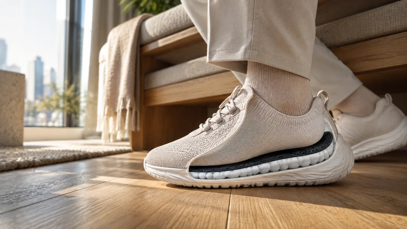 A quiet everyday shoe and supportive insole at home
