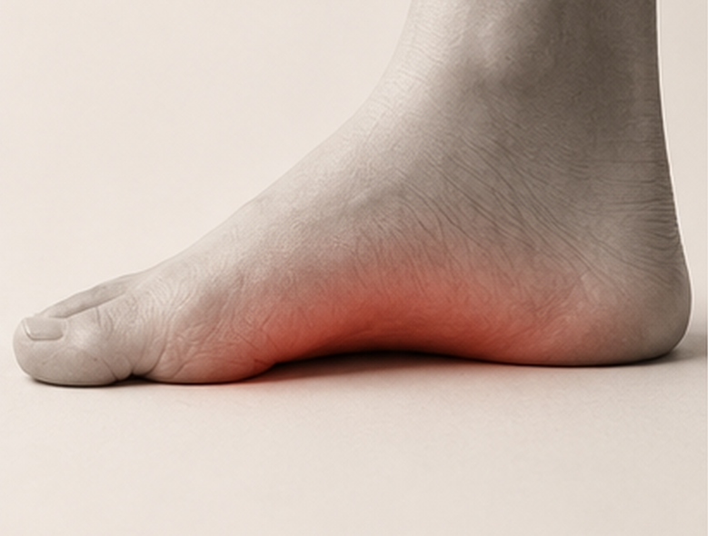 Weight-bearing bare foot with a low arch and pressure highlighted along the inner foot