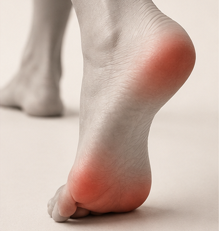 Bare foot in a push-off position with pressure highlighted at the heel and forefoot