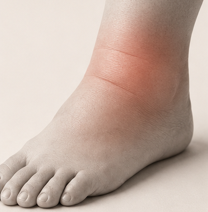 Bare foot and ankle with subtle swelling and pressure highlighted around the ankle