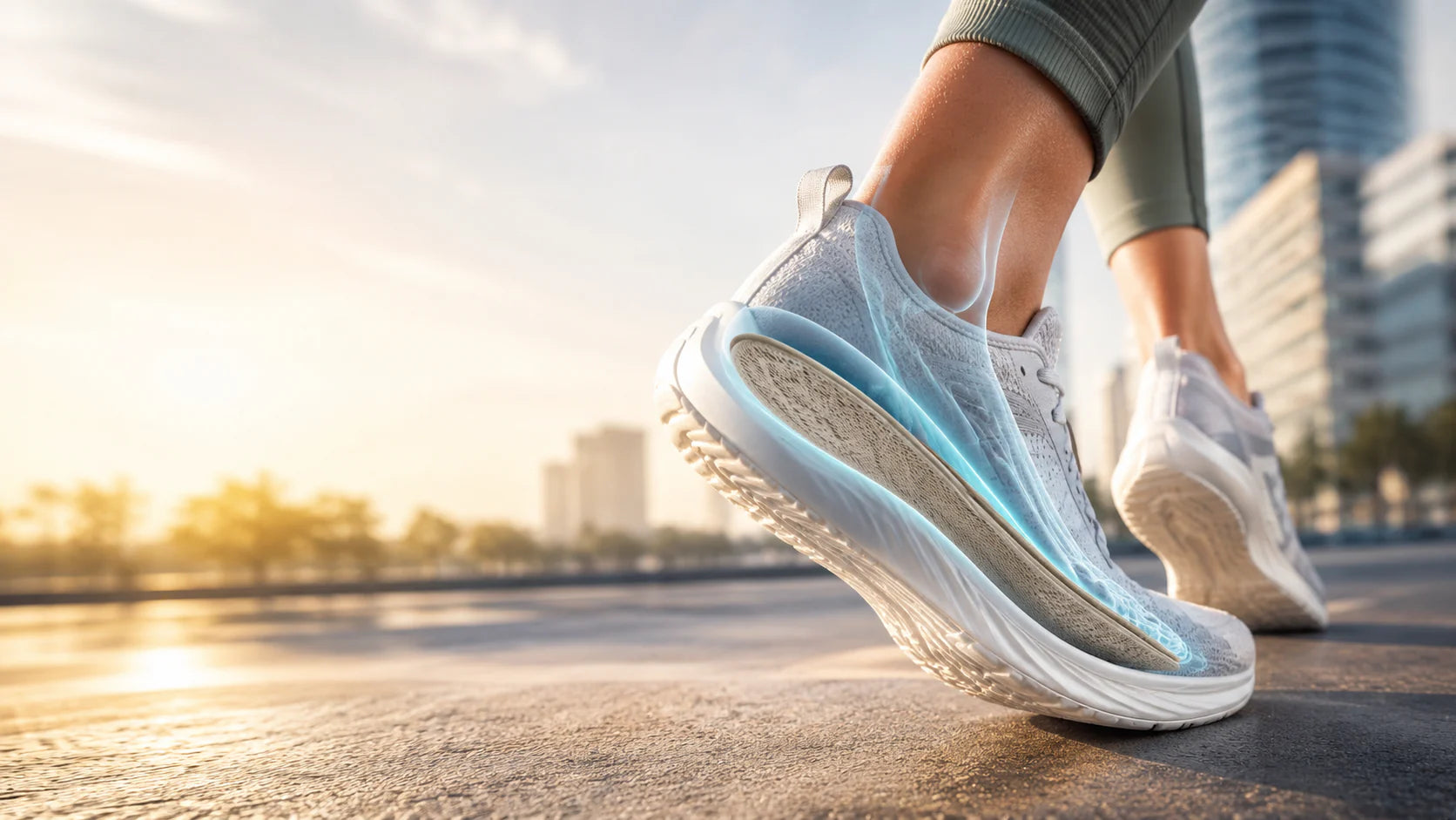 Runner wearing a sneaker shown in cutaway with a supportive insole visible inside